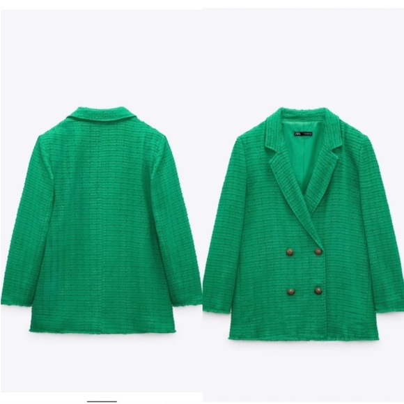 Zara Textured Double Breasted Blazer Tweed Longline Fall Boho Green Sz Large NWT - Picture 3 of 11